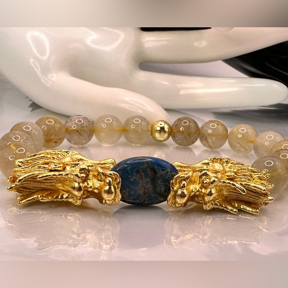 GOLD RUTILATED QUARTZ + SEA JASPER NATURAL STONES BRACELET size 7.5” - Picture 9 of 10